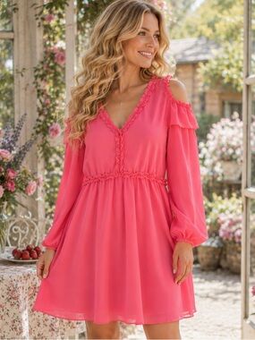 Nicole Miller Long Sleeve Ruffle Cold Shoulder Dress Coral Camellia Rose 12 NWT